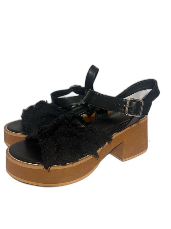 Unbranded Shoes - Black Fabric Strap Platform Sandals with Brown Wood-Effect Heel